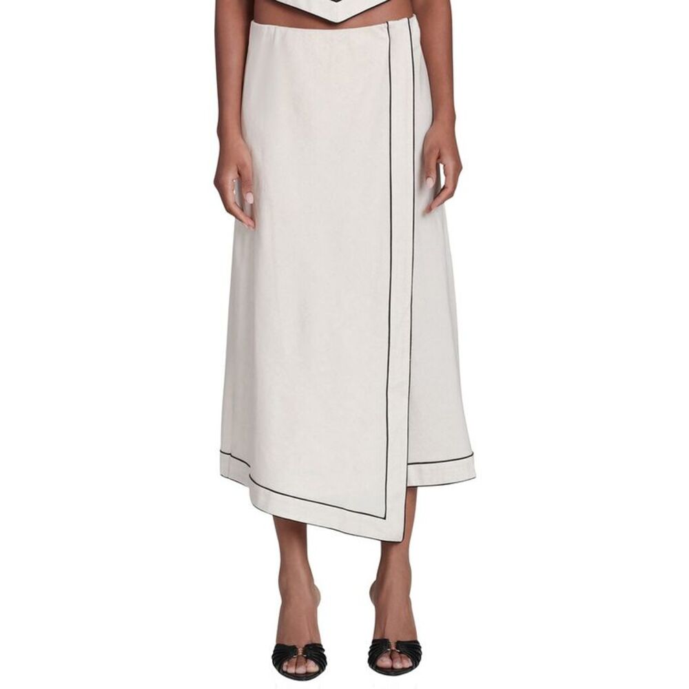 Avec Les Filles Womens Asymmetrical Faux Wrap Linen-Blend Midi Skirt
